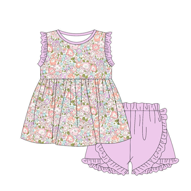 Preorder Baby Girl Sleeveless Floral Tunic Ruffle Purple Shorts Clothes Set