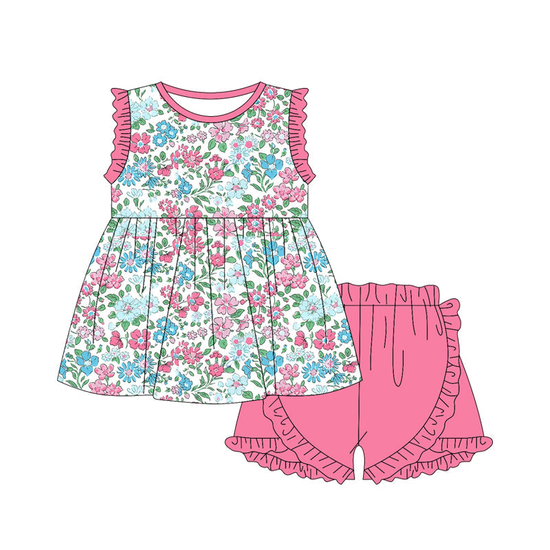 Preorder Baby Girl Sleeveless Floral Tunic Ruffle Pink Shorts Clothes Set