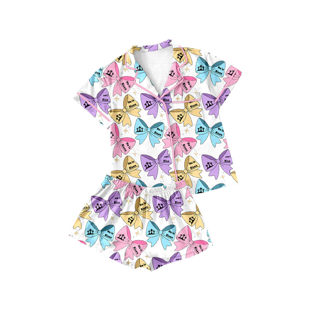 Preorder Baby Girl Short Sleeves Easter Bows Buttons Shirt Shorts Pajamas Clothes Set