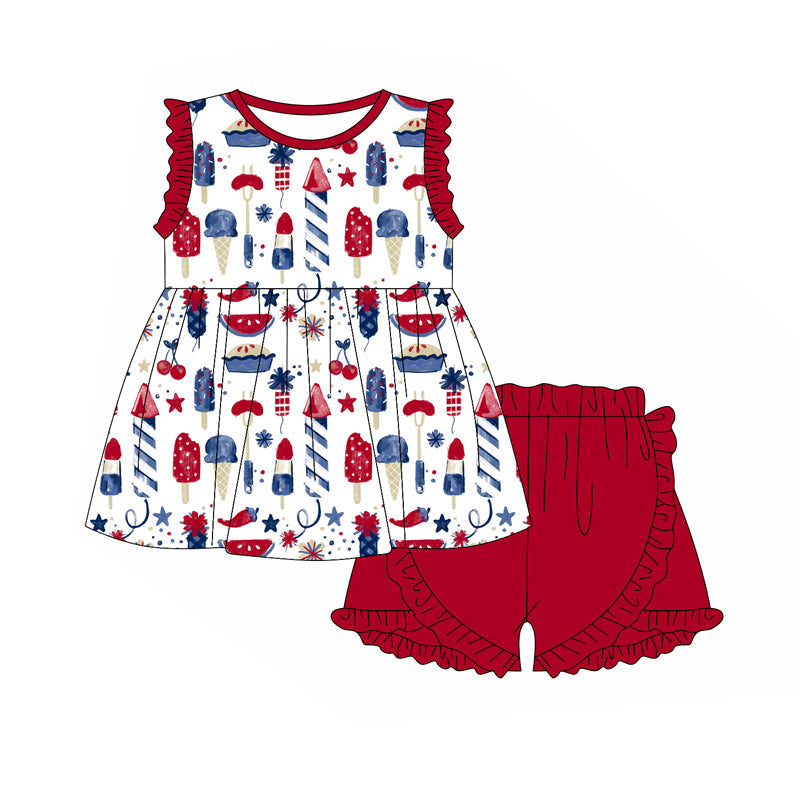 Preorder Baby Girl Sleeveless July 4th Popsicle Tunic Ruffle Red Shorts Clothes Set