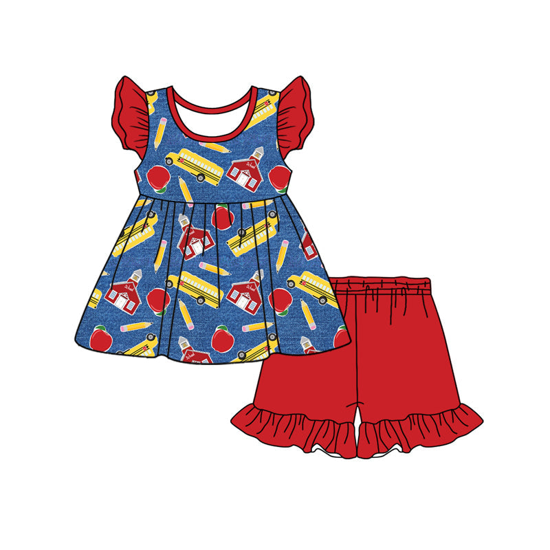 Preorder Baby Girl Short Sleeves Back To School Tunic Red Ruffle Shorts Clothes Set