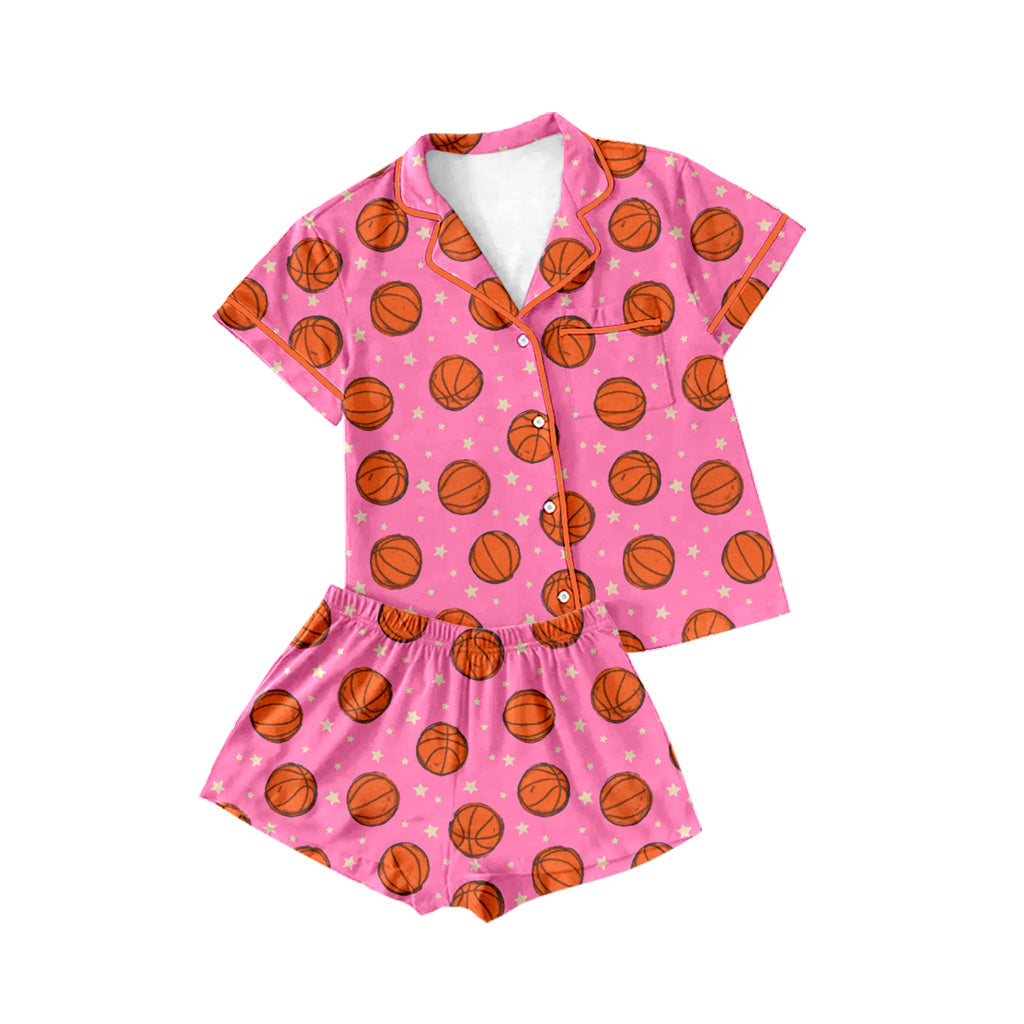 Preorder Baby Girl Short Sleeves Basketball Buttons Shirt Shorts Pajamas Clothes Set