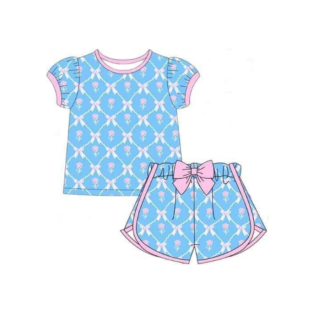 Preorder Baby Girl Short Sleeves Bows Flower Shirt Shorts Blue Set