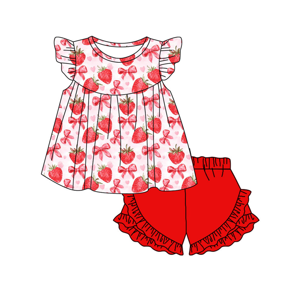Baby Girl Short Sleeves Strawberry Bows Hearts Tunic Ruffle Red Shorts Clothes Set RTS