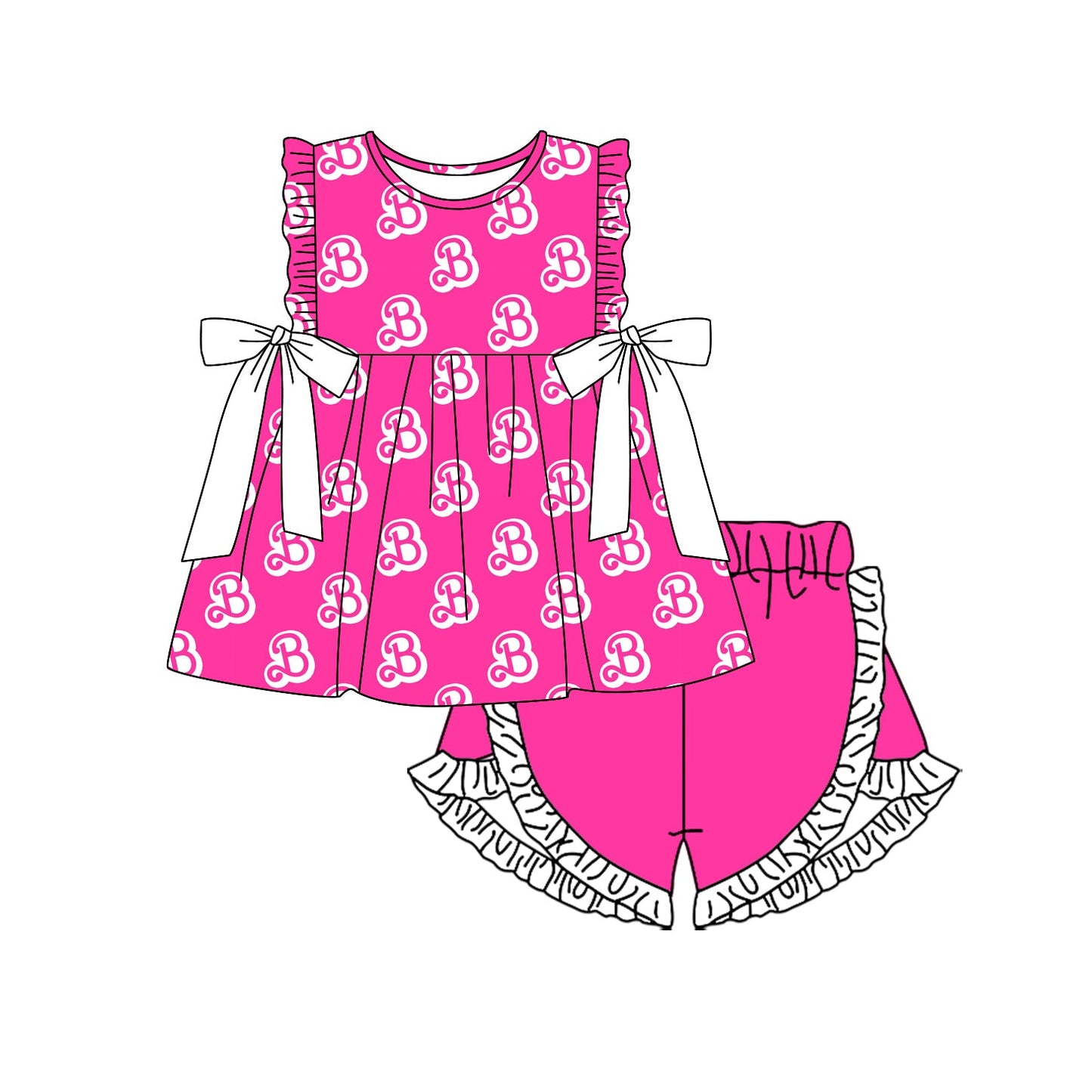 Preorder Baby Girl Sleeveless Doll Bows Tunic Pink Ruffle Shorts Set