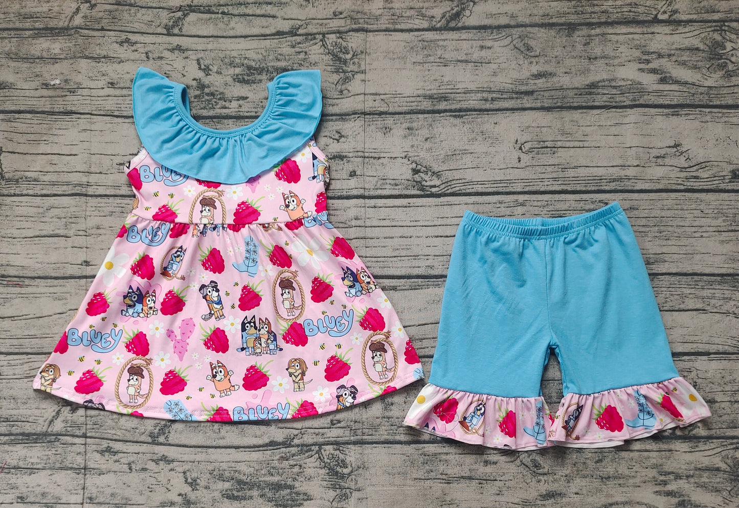 Preorder Baby Girl Dogs Strawberry Flower Cactus Blue Bow Tunic Ruffle Shorts Set（ No moq ）