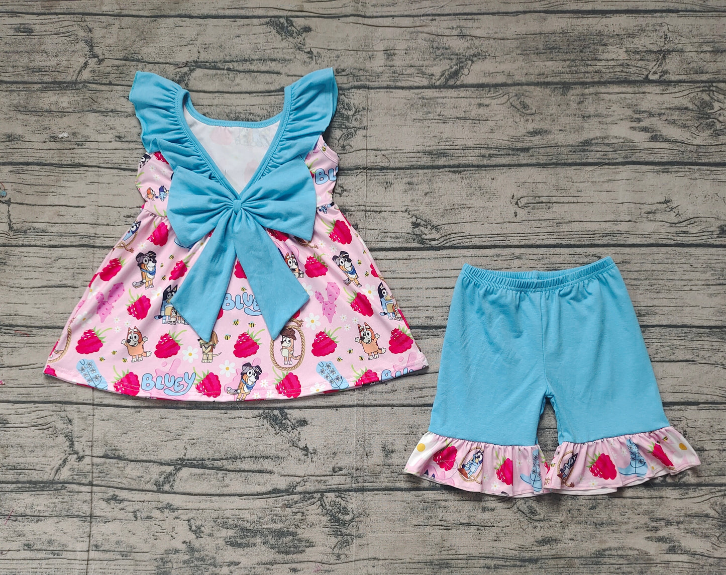 Preorder Baby Girl Dogs Strawberry Flower Cactus Blue Bow Tunic Ruffle Shorts Set（ No moq ）