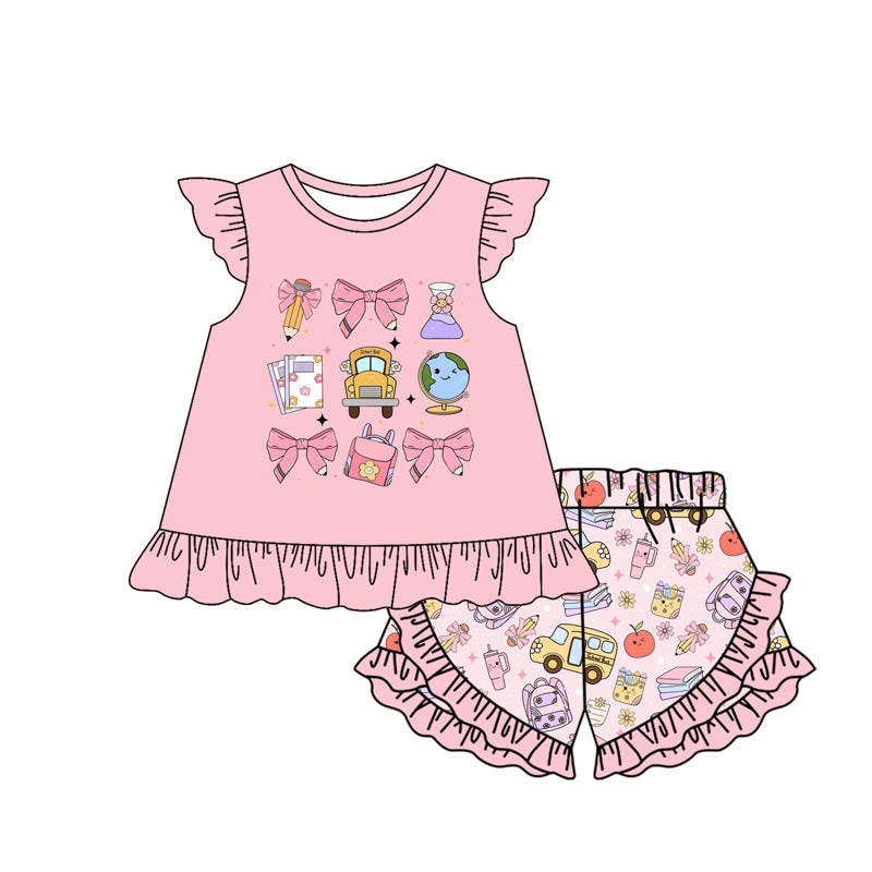 Baby Girl Short Sleeves Pink Shirt Pencils Bows Shorts Back To School Set RTS