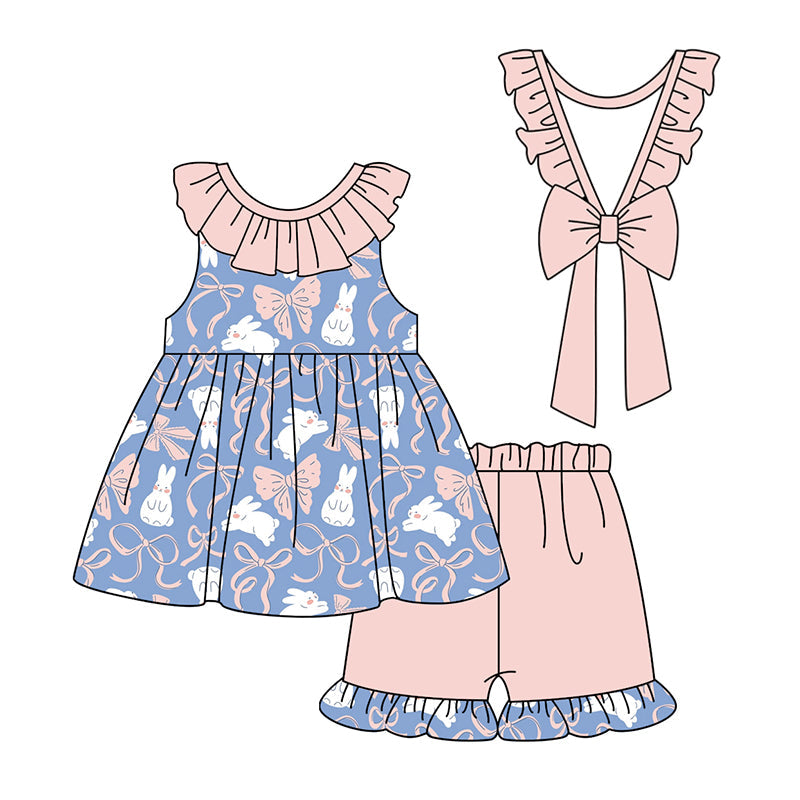 Preorder Baby Girl Sleeveless Easter Rabbits Bows Tunic Ruffle Shorts Clothes Set
