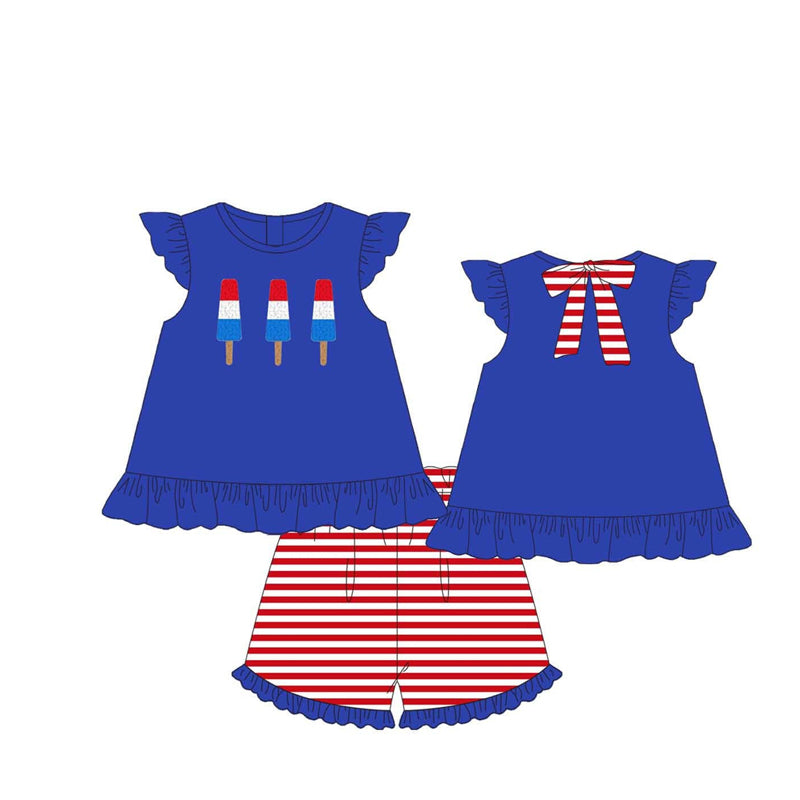 Preorder Baby Girl Short Sleeves July 4th Popstick Tunic Ruffle Stripes Shorts Clothes Set