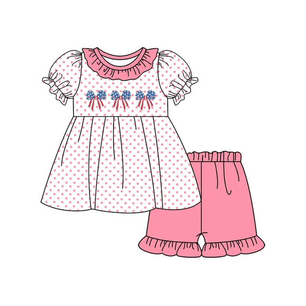 Preorder Baby Girl Short Sleeves July 4th Bows Tunic Ruffle Shorts Clothes Set