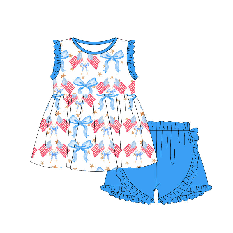 Preorder Baby Girl July 4th Sleeveless Bows Flags Tunic Ruffle Blue Shorts Clothes Set