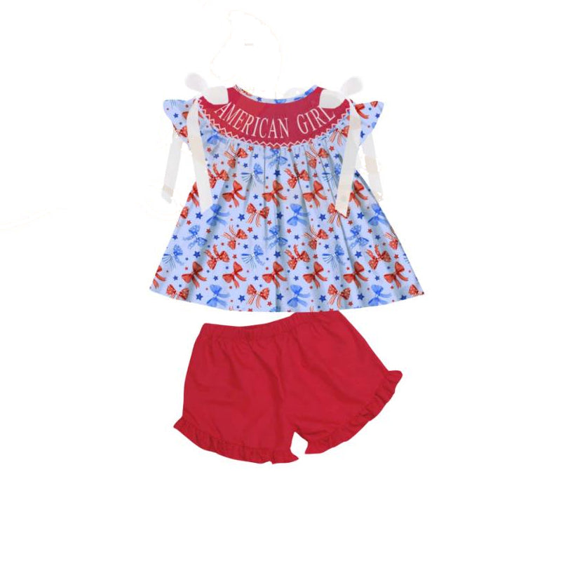 Preorder Baby Girl July 4th Short Sleeves Bows Tunic Ruffle Shorts Clothes Set