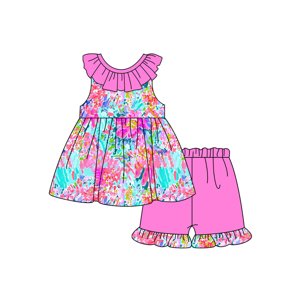 Preorder Baby Girl Sleeveless Seaweed Bows Tunic Ruffle Pink Shorts Clothes Set