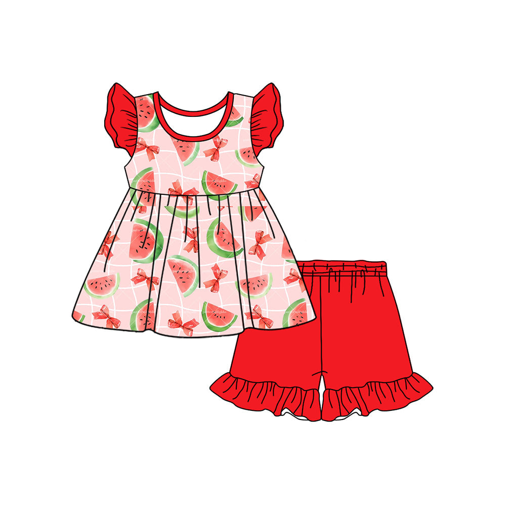 Preorder Baby Girl Short Sleeves Watermelon Bows Tunic Red Shorts Clothes Set