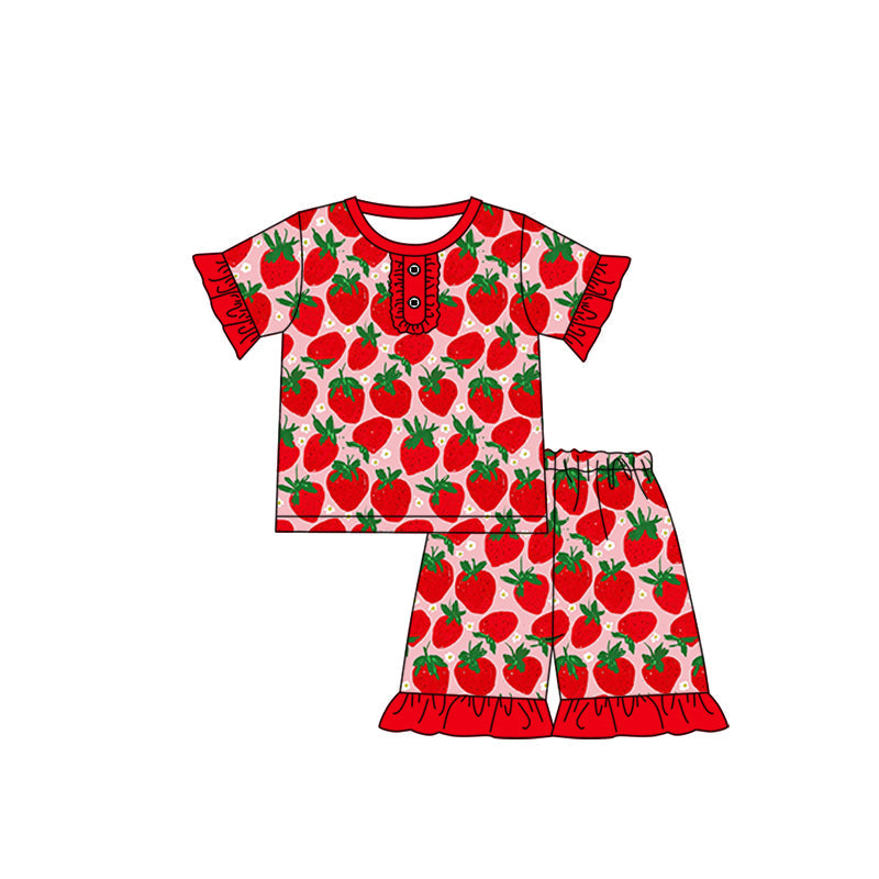 Preorder Baby Girl Short Sleeves Strawberry Shirt Ruffle Shorts Pajamas Clothes Set