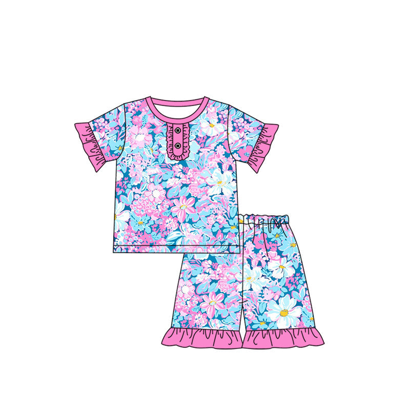 Preorder Baby Girl Short Sleeves Flower Shirt Ruffle Shorts Pajamas Clothes Set