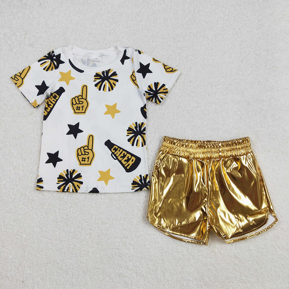 Baby Girl Short Sleeves Cheer Team Shirt Leather Shorts Sibling Clothes Set RTS