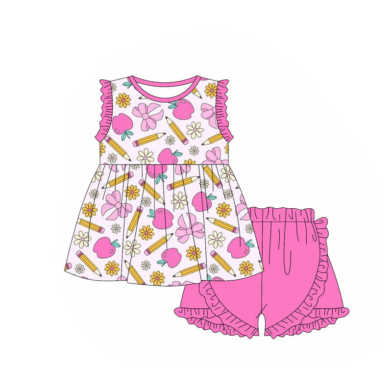 Preorder Baby Girl Short Sleeves Back To School Apples Bows Tunic Shorts Clothes Set