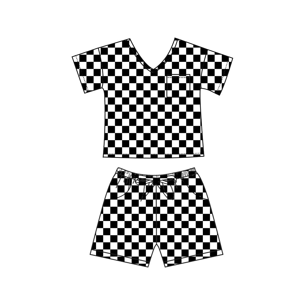 Preorder Adult Women Short Sleeves Black Checkered Shirt Shorts Pajamas Set