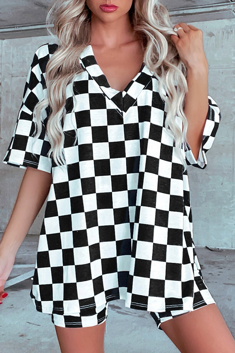 Preorder Adult Women Short Sleeves Black Checkered Shirt Shorts Pajamas Set