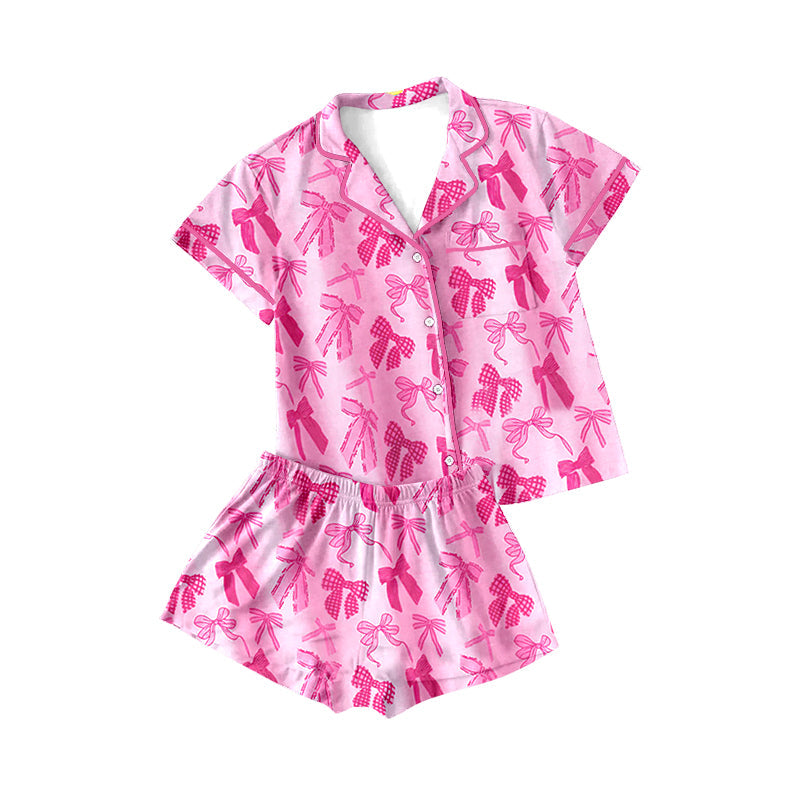 Preorder Adult Women Short Sleeves Pink Bows Lapel Buttons Shirt Shorts Pajamas Set