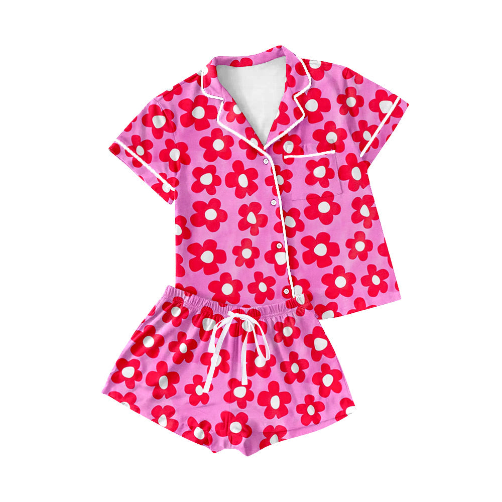 Preorder Adult Women Short Sleeves Flower Lapel Buttons Shirt Shorts Pajamas Pink Set