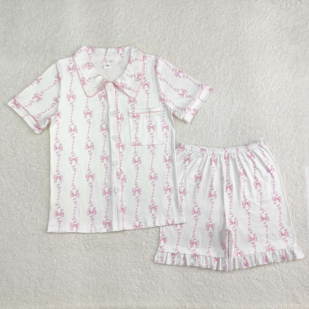 Adult Women Short Sleeves Bows Pocket Buttons Shirt Shorts Pajamas Set RTS