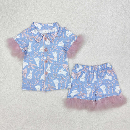 Baby Girl Fur Short Sleeves Easter Rabbits Bows Buttons Shirt Shorts Pajamas Sibling Set RTS