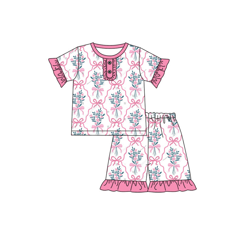 Preorder Baby Girl Short Sleeves Flower Bows Shirt Shorts Pajamas Set