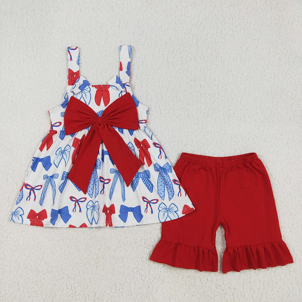 Sibling Baby Girl Straps July 4th Bows Sibling Clothes Romper Set RTS