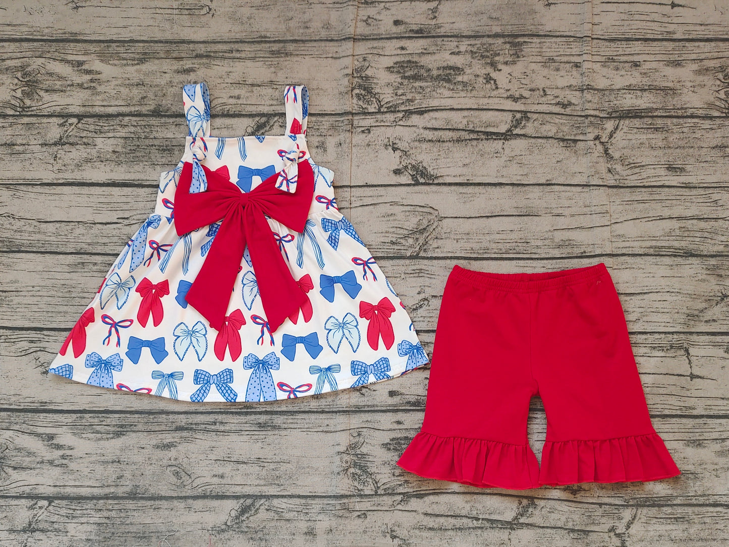 Baby Girl Straps July 4th Bows Tunic Red Shorts Clothes Set RTS