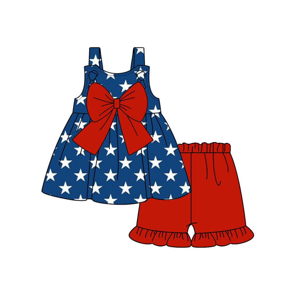 Preorder Baby Girl Sleeveless July 4th Stars Bow Tunic Ruffle Red Shorts Clothes Set