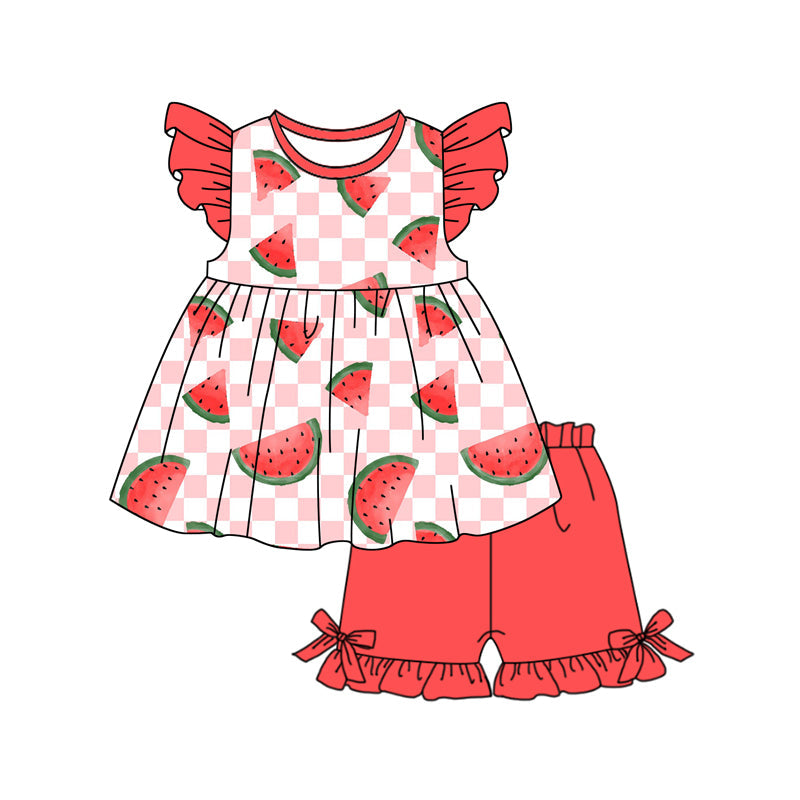 Preorder Baby Girl Short Sleeves Watermelon Tunic Ruffle Bows Shorts Clothes Set