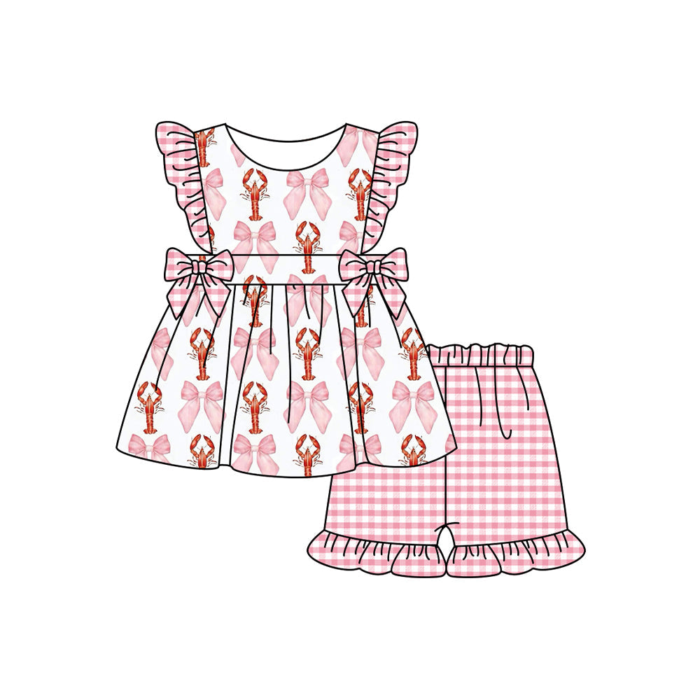 Preorder Baby Girl Short Sleeves Crawfish Bows Tunic Pink Plaid Shorts Clothes Set
