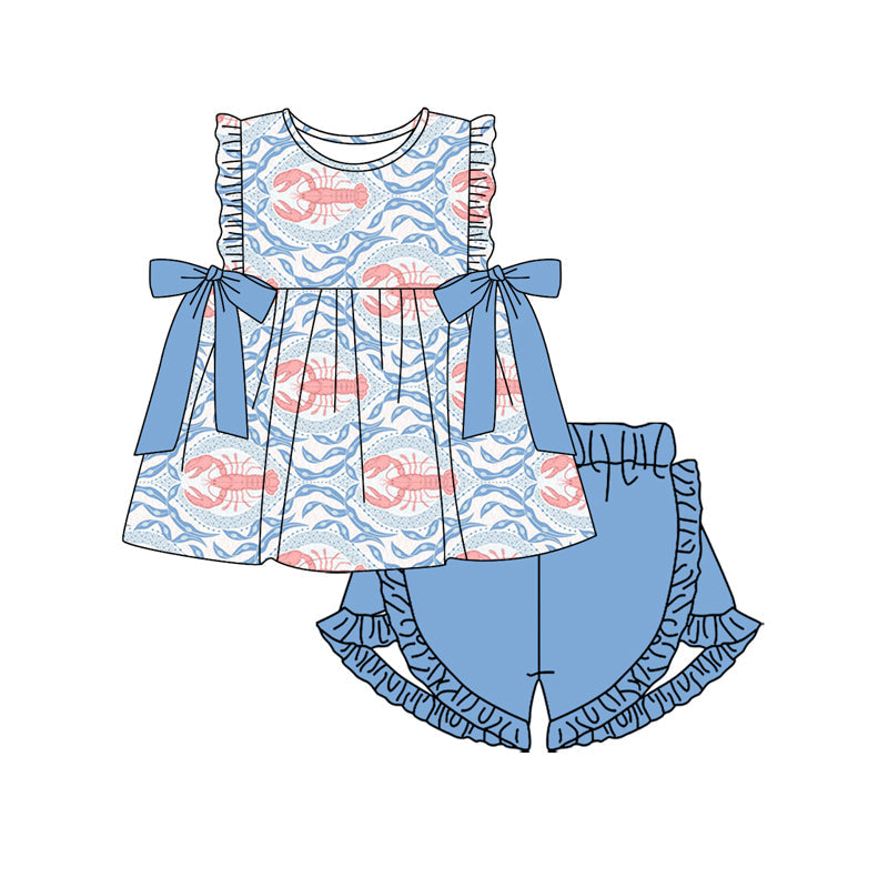 Preorder Baby Girl Sleeveless Crawfish Bows Tunic Blue Shorts Clothes Set