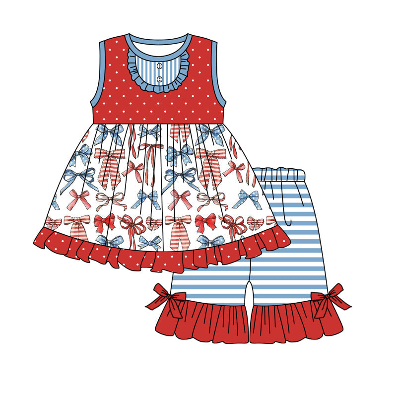 Preorder Baby Girl Sleeveless 4th Of July Bows Ruffle Tunic Shorts Clothes Set