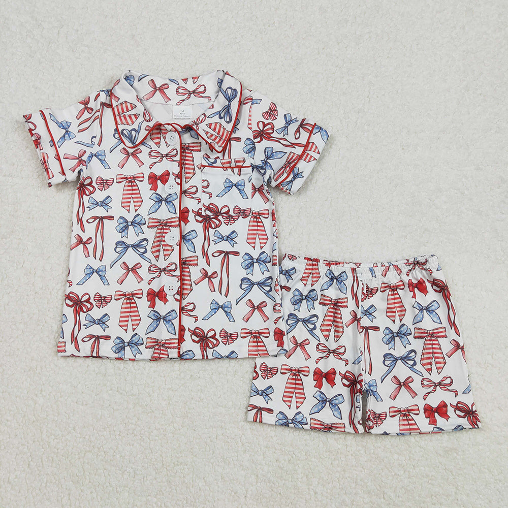 Baby Girl Short Sleeves Bows Buttons Shirt Shorts Sibling 4th Of July Pajamas Set RTS