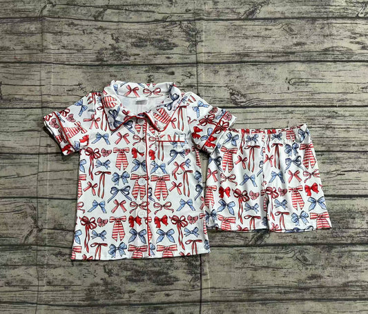 Preorder Baby Girl Short Sleeves 4th Of July Bows Buttons Shirt Shorts Pajamas Set ( No moq )