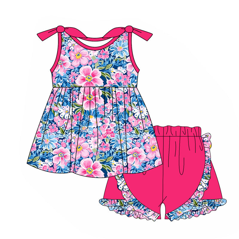 Preorder  Baby Girl Sleeveless Flower Tunic Ruffle Shorts Clothes Set ( Moq 5 )
