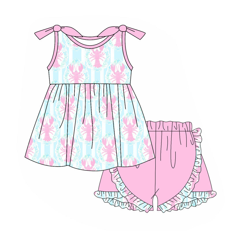 Preorder Baby Girl Sleeveless Crawfish Tunic Ruffle Pink Shorts Clothes Set ( Moq 5 )