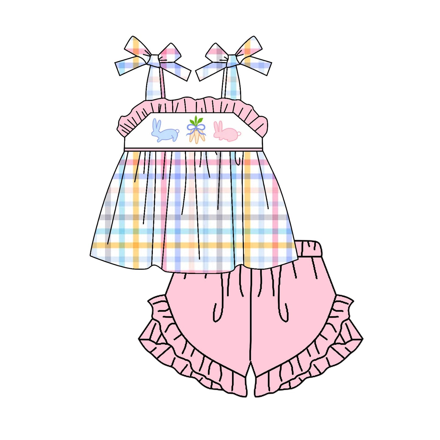 Preorder Baby Girl Straps Easter Rabbits Checkered Tunic Ruffle Shorts Clothes Set ( Moq 5 )