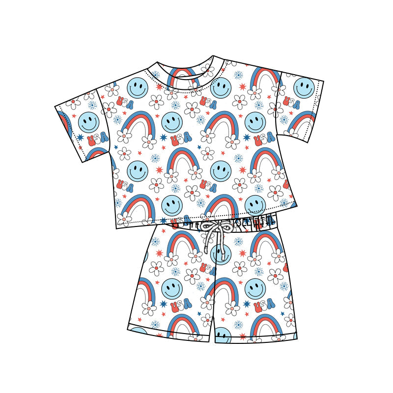 Preorder Baby Girl Short Sleeves 4th Of July Rainbow USA Shirts Shorts Clothes Set ( Moq 5 )
