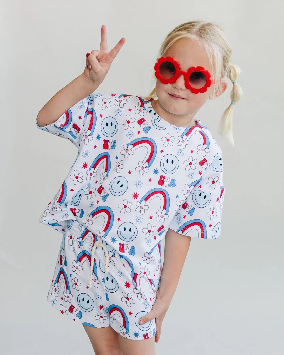 Preorder Baby Girl Short Sleeves 4th Of July Rainbow USA Shirts Shorts Clothes Set ( Moq 5 )