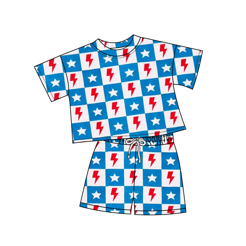 Preorder Baby Girl Short Sleeves 4th Of July Stars Shirt Shorts Clothes Blue Set ( Moq 5 )