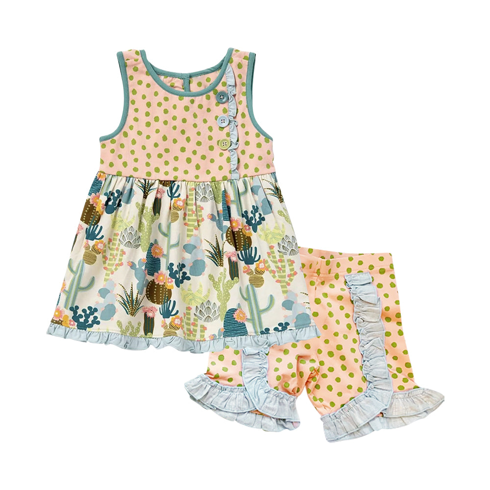 Preorder Baby Girl Sleeveless Western Cactus Tunic Ruffle Shorts Clothes Set ( Moq 5 )