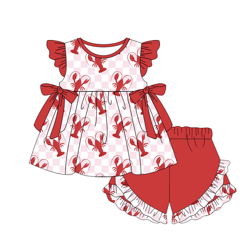 Preorder Baby Girl Short Sleeves Checkered Crawfish Bows Tunic Red Ruffle Shorts Clothes Set ( Moq 5 )