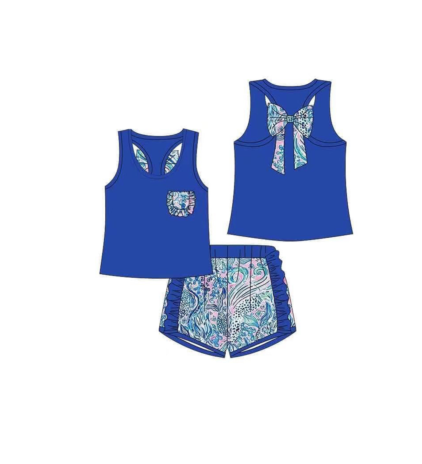 Preorder Baby Girl Sleeveless Pocket Bow Blue Tops Ruffle Sea Mermaid Shorts Set ( Moq 5 )