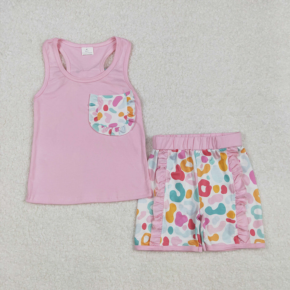 Baby Girl Sleeveless Pocket Shirt Flower Leopard Ruffke Shorts Set Sibling Clothes RTS