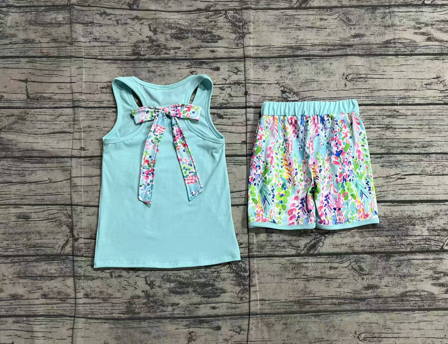 Preorder Baby Girl Sleeveless Pocket Bow Blue Tops Ruffle Shorts Set ( No moq )